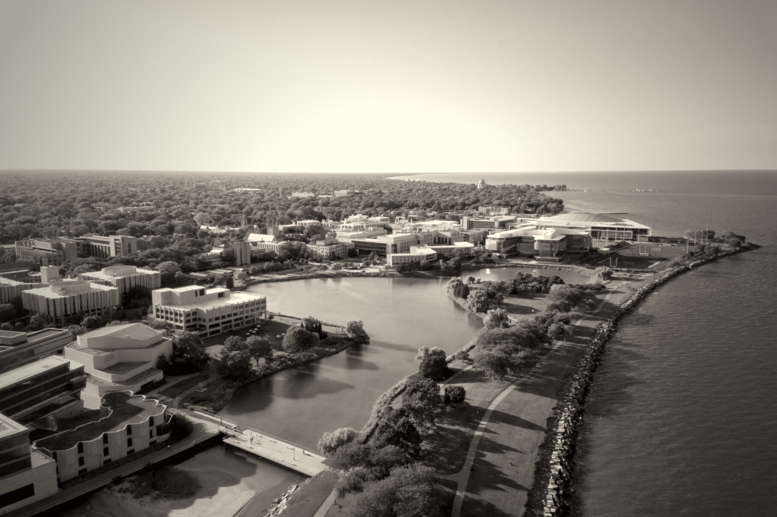 Northwestern University Evanston campus from the air, looking south along Lake Michigan